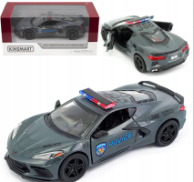 2021 Corvette Police USA Car Model Diecast Grey Toy Open Doors 1:36 Kinsmart