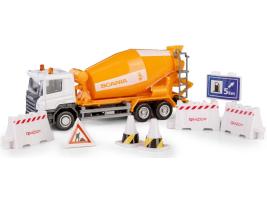 Truck Scania Concrete Mixer + Road Signs Model Diecast Toy Orange RMZ City 1:64