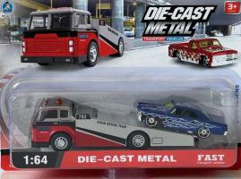 Lift Tow Truck Roadside Rescue Transport + Blue Car Model Diecast Toy 1:64 Scale