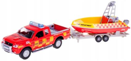 Car Fire Emergency + Trailer with Boat Model Diecast Light & Sound 1:32 Scale