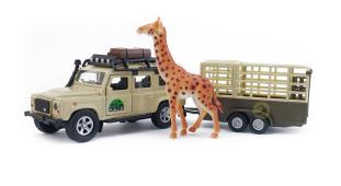 Safari Set Land Rover with Trailer and Giraffe Diecast Car Toy Pull Back - 28 cm