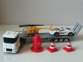 White Truck/Lorry Transporter + Helicopter + Car Model Diecast Toy 1:64 Scale