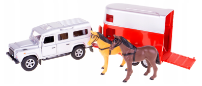 Land Rover Defender + Trailer +2 Horses Diecast Car Toy Pull Back Open Door 1:32