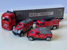 Lorry/Truck Transport + 3 Cars Fire Dept Model Alloy Toy Probabaly 1:64 Scale