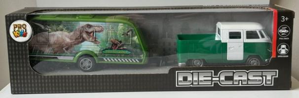 Volkswagen Bus Car with Dinosaur Trailer Model Toy Diecast 1:32-1:34 Scale