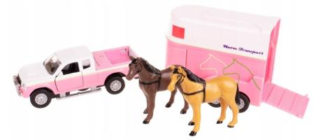 Mitsubishi Pick Up + 2 Horses + Trailer Model Diecast Car Toy Opening Doors 1:32