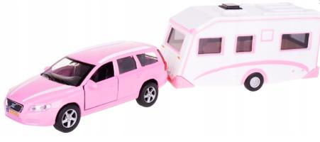 Volvo V70 with Trailer/Caravan Diecast Car Pink Pull Back Open Door 1:32