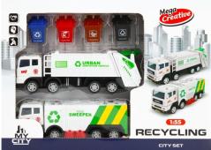 City Set Recycling 2 x Garbage Truck + 4 Bins Moving Parts Rolling Wheels 1:55