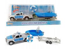 Mitsubishi Police Trailor with Boat Diecast Car Toy Pull Back Open Door 1:32