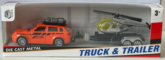Holiday Set Orange Car + Trailer Helicopter Model Diecast Toy 1:55-1:64 Scale