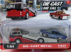 Lift Tow Truck Roadside Rescue Transport + Blue Car Model Diecast Toy 1:64 Scale