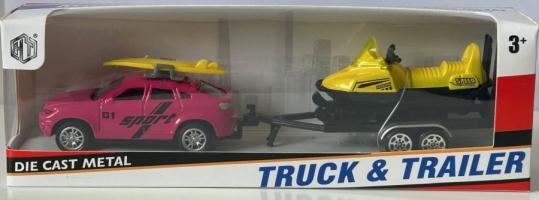 Holiday Set Pink Car Surfing + Trailer Boat Model Diecast Toy 1:55-1:64 Scale