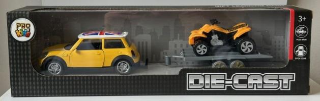 Mini Cooper Car with Trailer Quad Model Toy Yellow Diecast 1:32-1:34 Scale