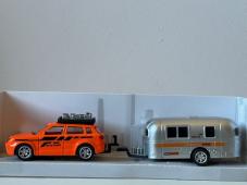Holiday Set Car Orange + Camper Silver Trailer Model Diecast Toy 1:55-1:64 Scale