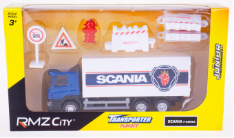 Truck Scania Transporter + Road Signs Model Diecast Toy Blue RMZ City 1:64