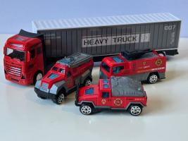 Lorry/Truck Transport + 3 Cars Fire Dept Model Alloy Toy Probabaly 1:64 Scale