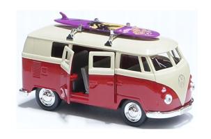 1963 Volkswagen T1 Bus with Surfing Car Model Toy Diecast Red 1:34-1:39 Welly