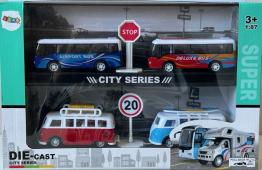 Set 4 Buses Tourist Camper City Series Model Toy Diecast 1:87 Scale Pull Back