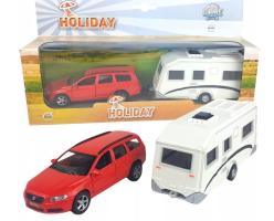 Volvo V70 with Trailer/Caravan Diecast Car Red Pull Back Open Door 1:32